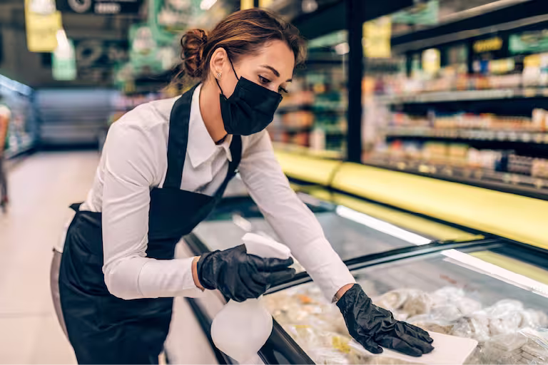 Precision team members disinfecting a retail store surface Twin Cities